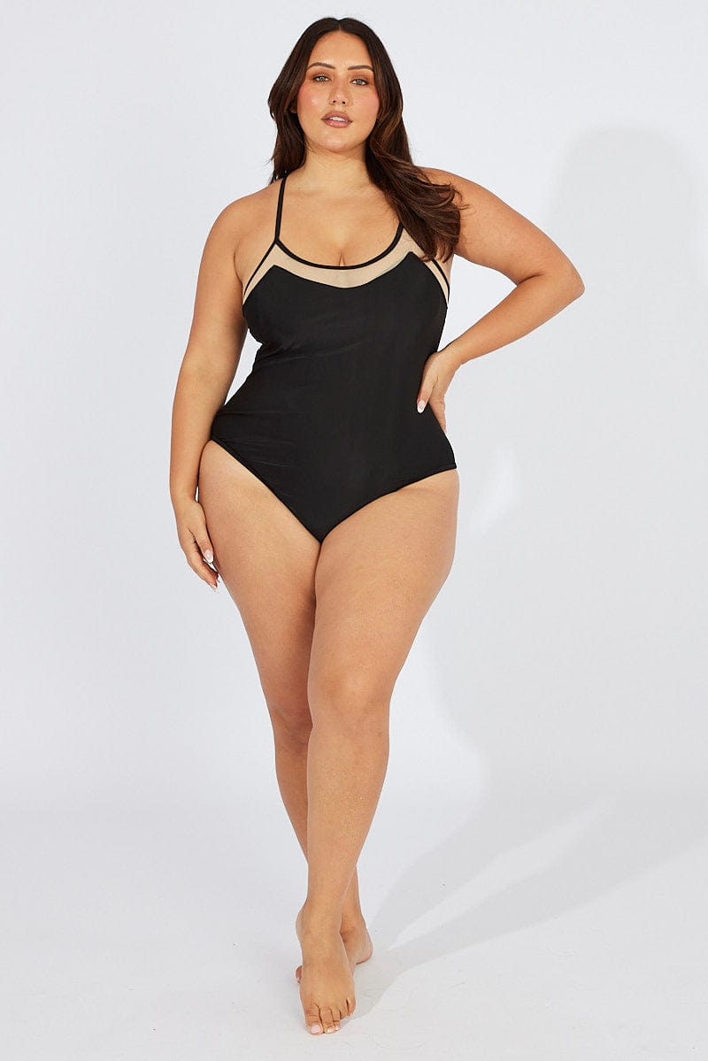 Black Mesh Contrast One Piece Swimsuit for YouandAll Fashion