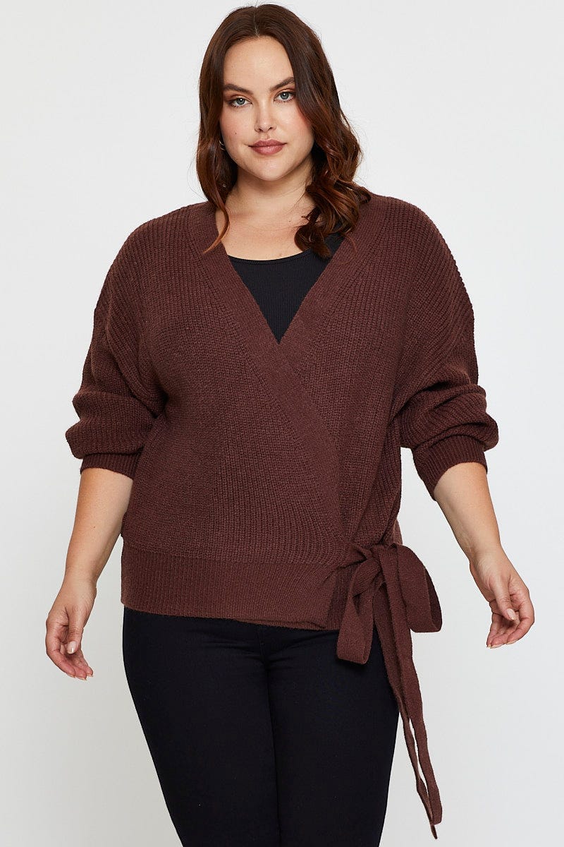 Brown Cardigan Long Sleeve Wrap Front Tie For Women By You And All
