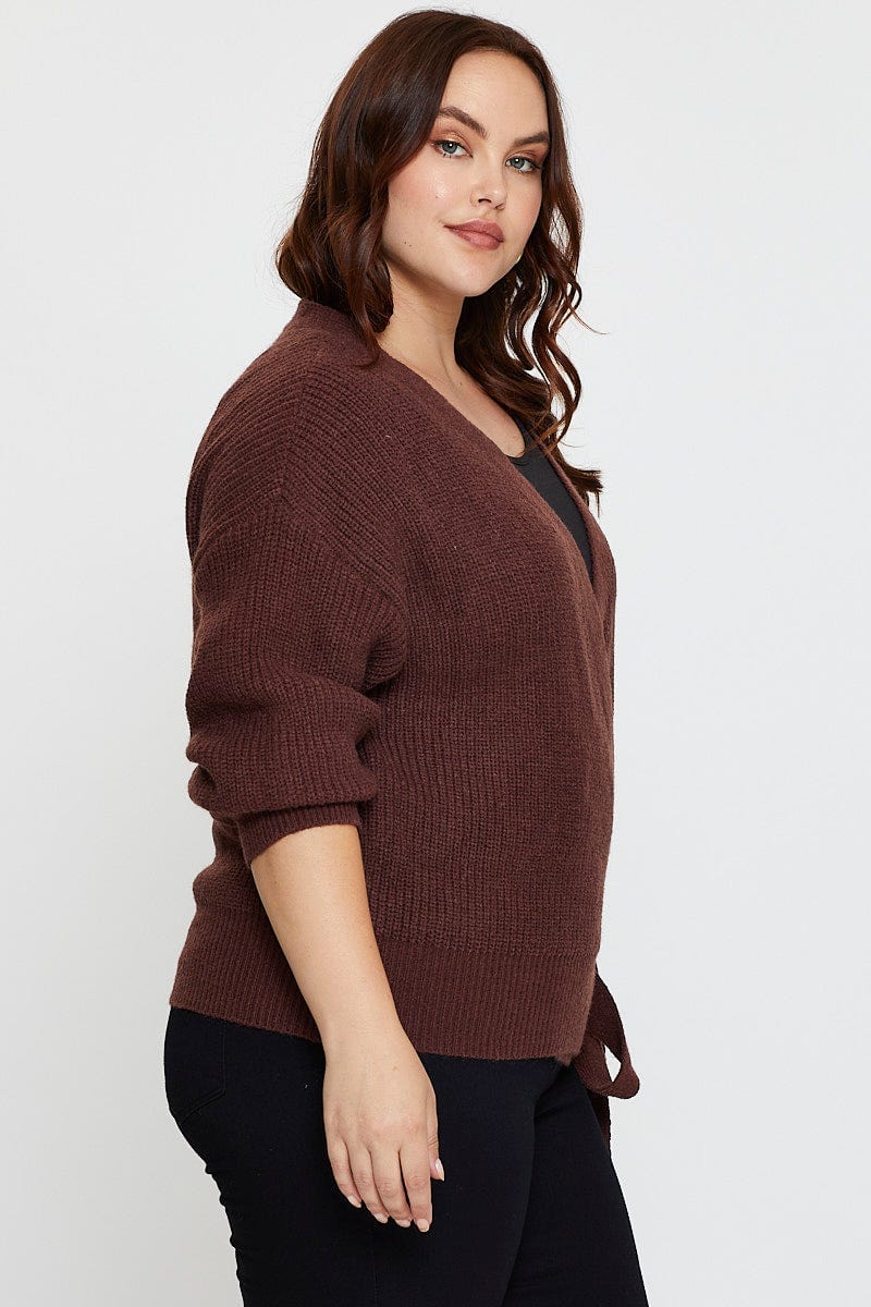 Brown Cardigan Long Sleeve Wrap Front Tie For Women By You And All