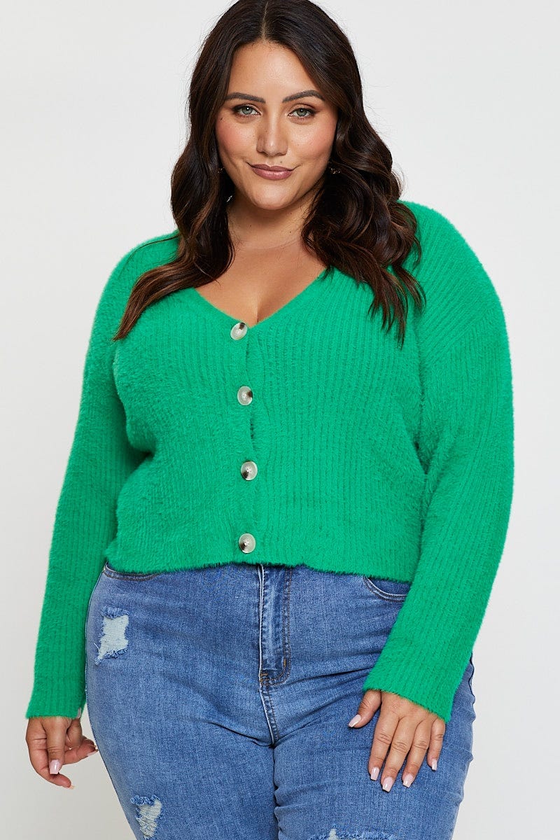Green Cardigan Long Sleeve Fluffy Semi Crop Knit For Women By You And All