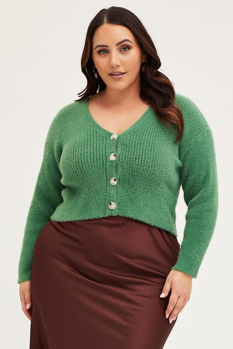 Green Cardigan Long Sleeve Fluffy Semi Crop Knit For Women By You And All