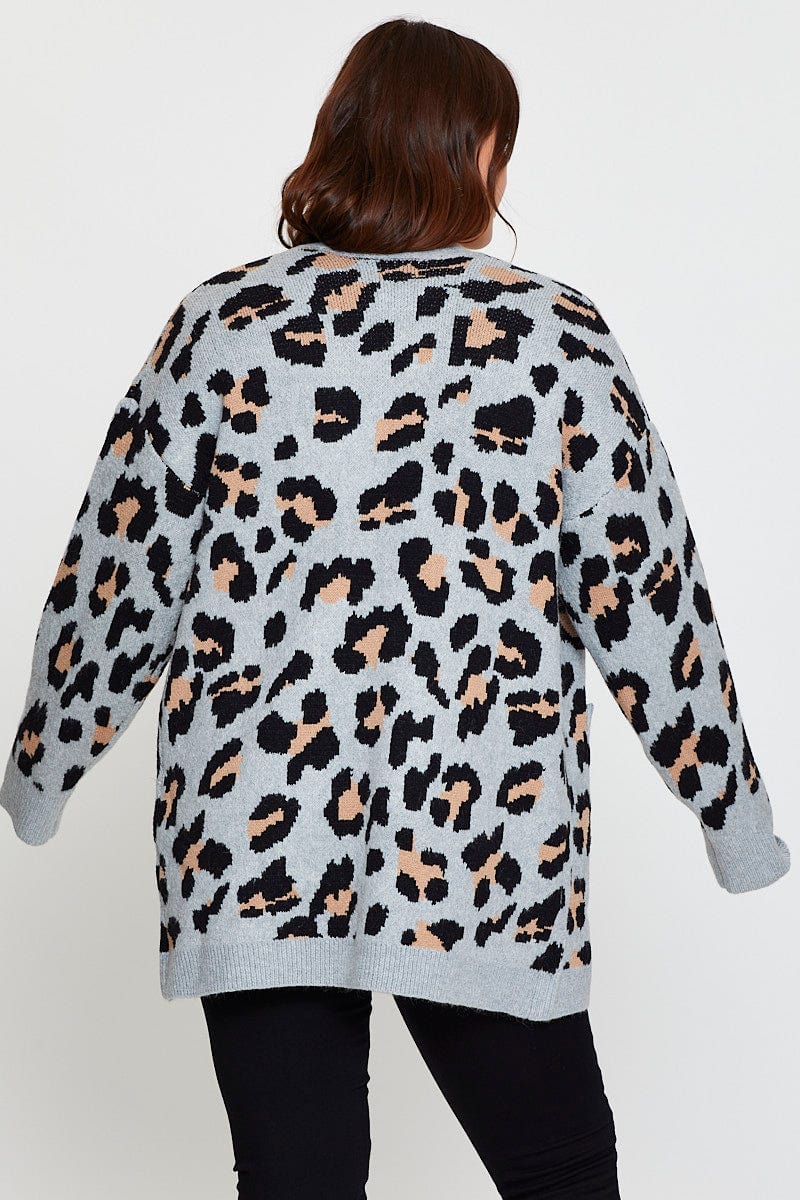 Plus Size Animal Print Knit Cardigan Long Sleeve Longline You