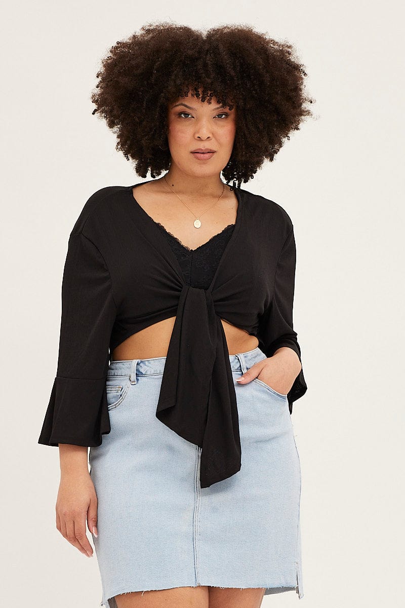 Black Ruffle Sleeve Tie Up Crop Cardigan for Women by You + All