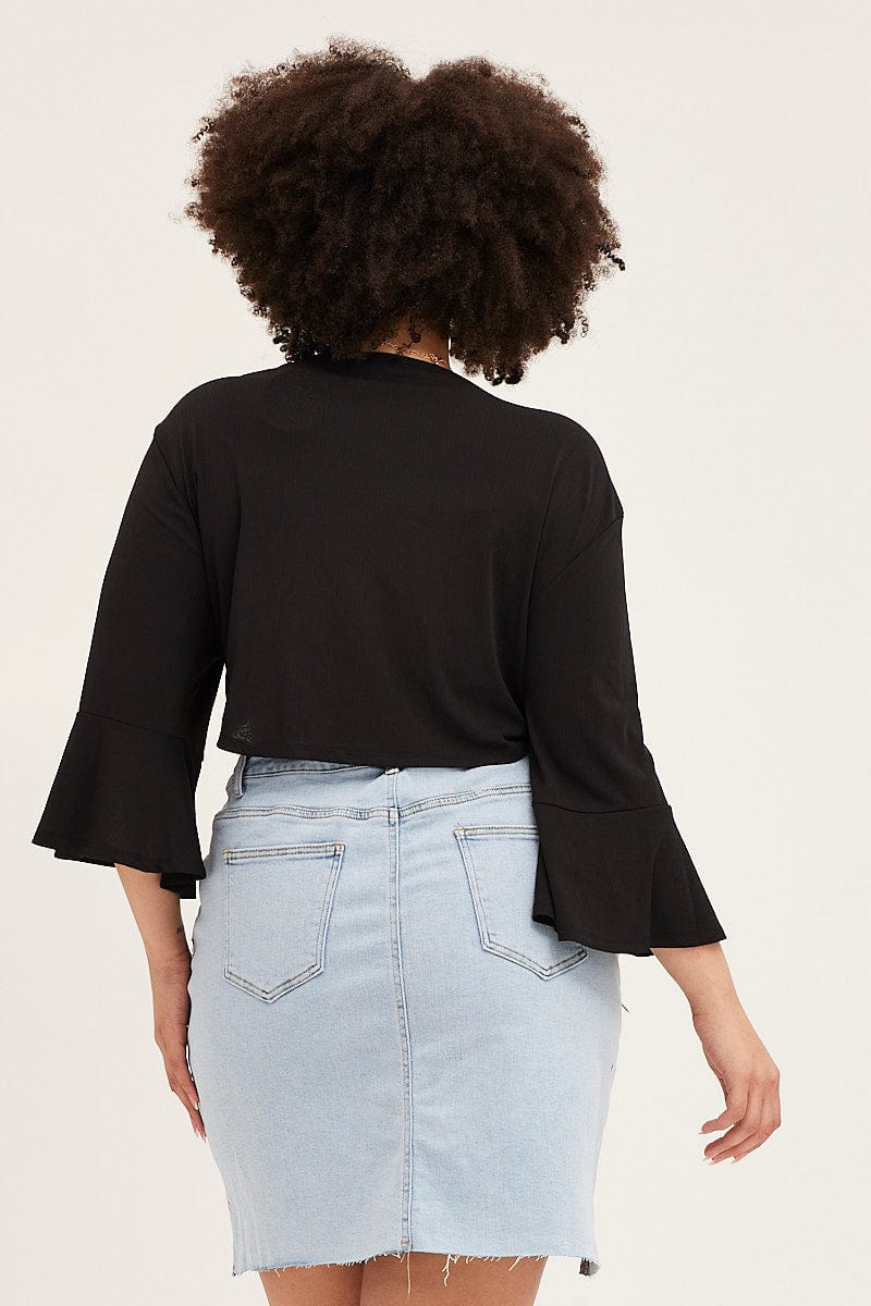 Black Ruffle Sleeve Tie Up Crop Cardigan for Women by You + All
