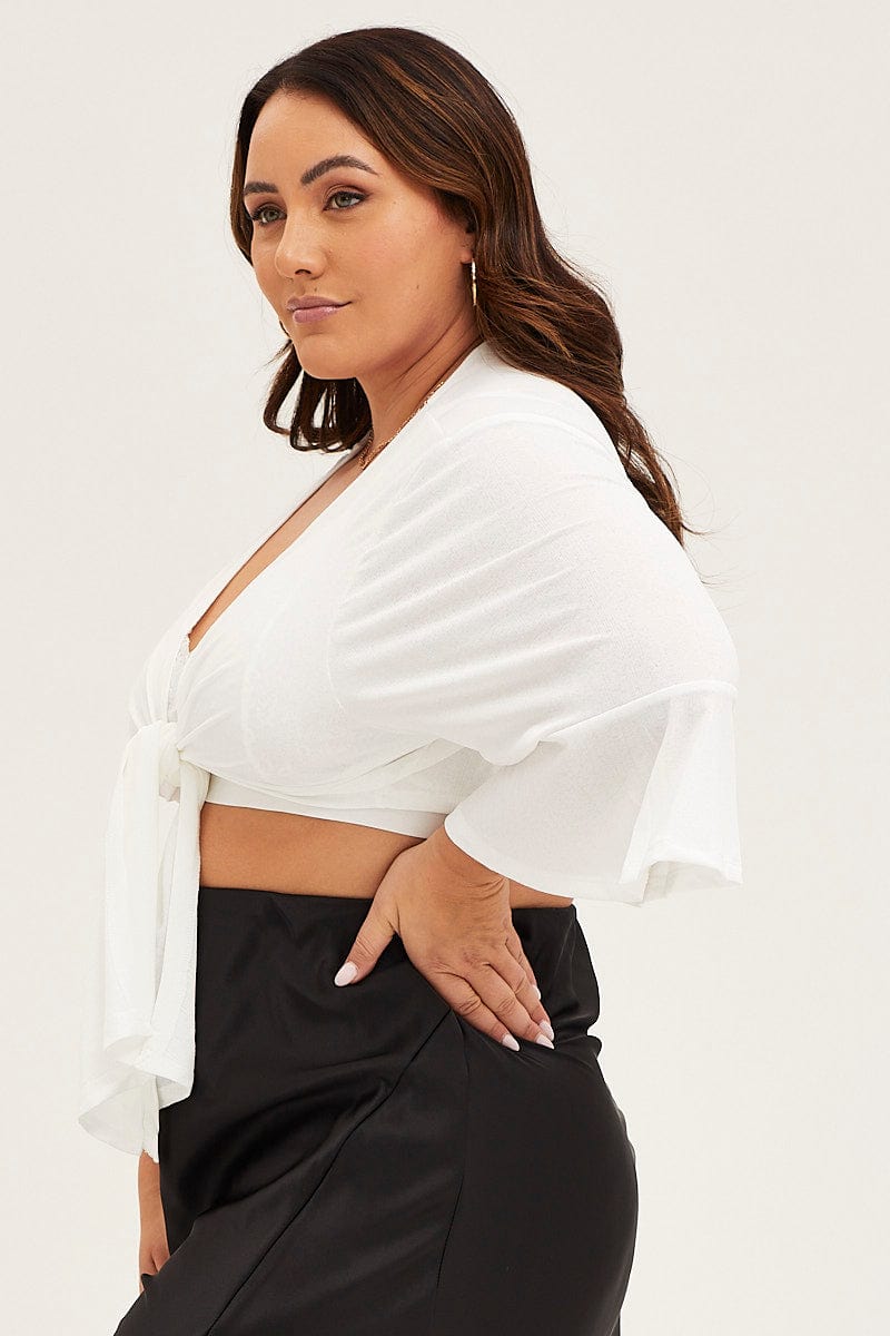 White Ruffle Sleeve Tie Up Crop Cardigan for Women by You + All