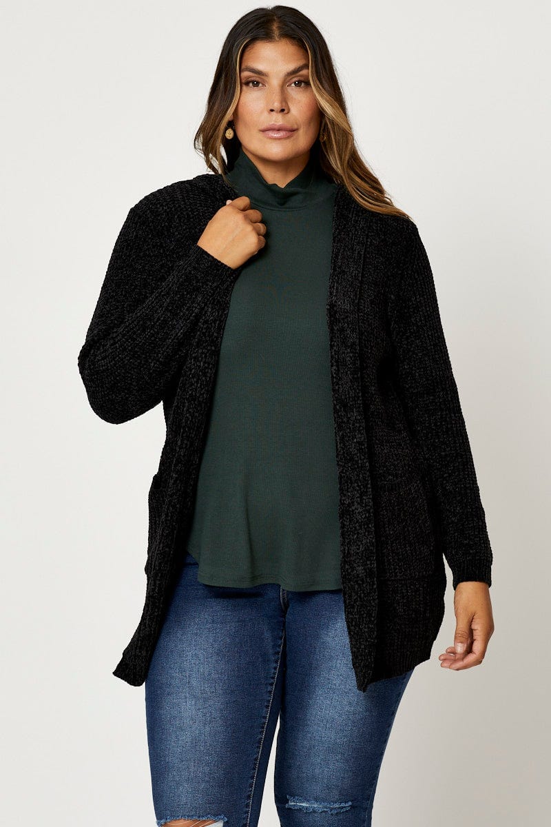 Black Cardigan Long Sleeve Chenille Knit For Women By You And All