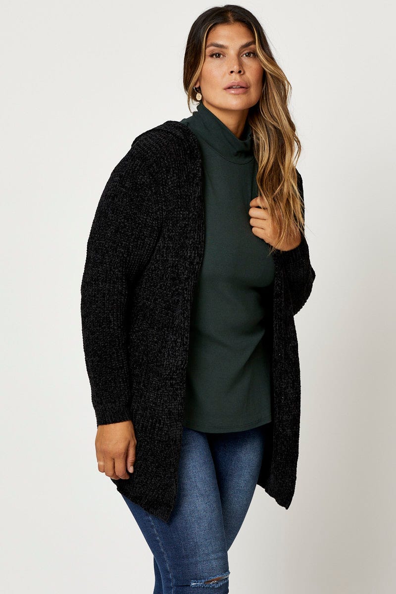 Black Cardigan Long Sleeve Chenille Knit For Women By You And All