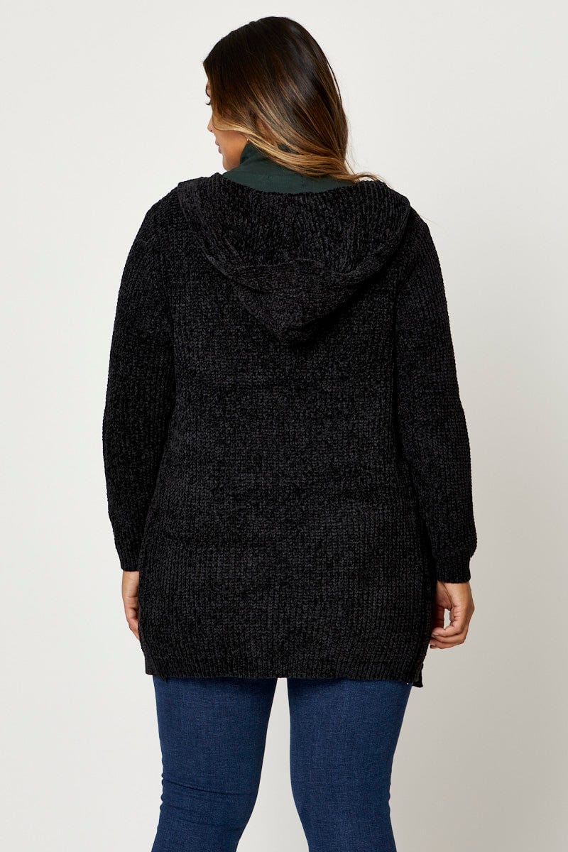 Black Cardigan Long Sleeve Chenille Knit For Women By You And All