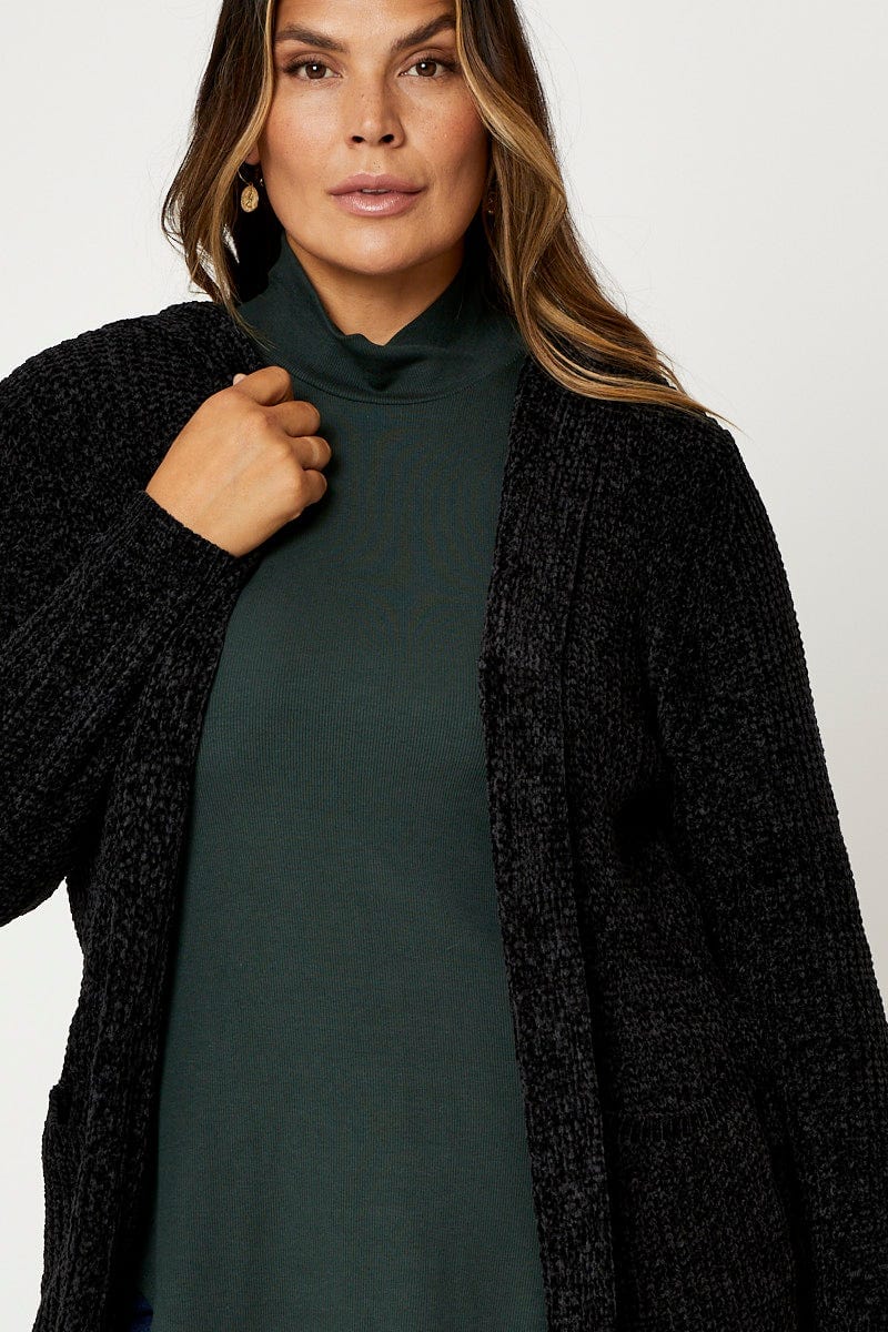 Black Cardigan Long Sleeve Chenille Knit For Women By You And All