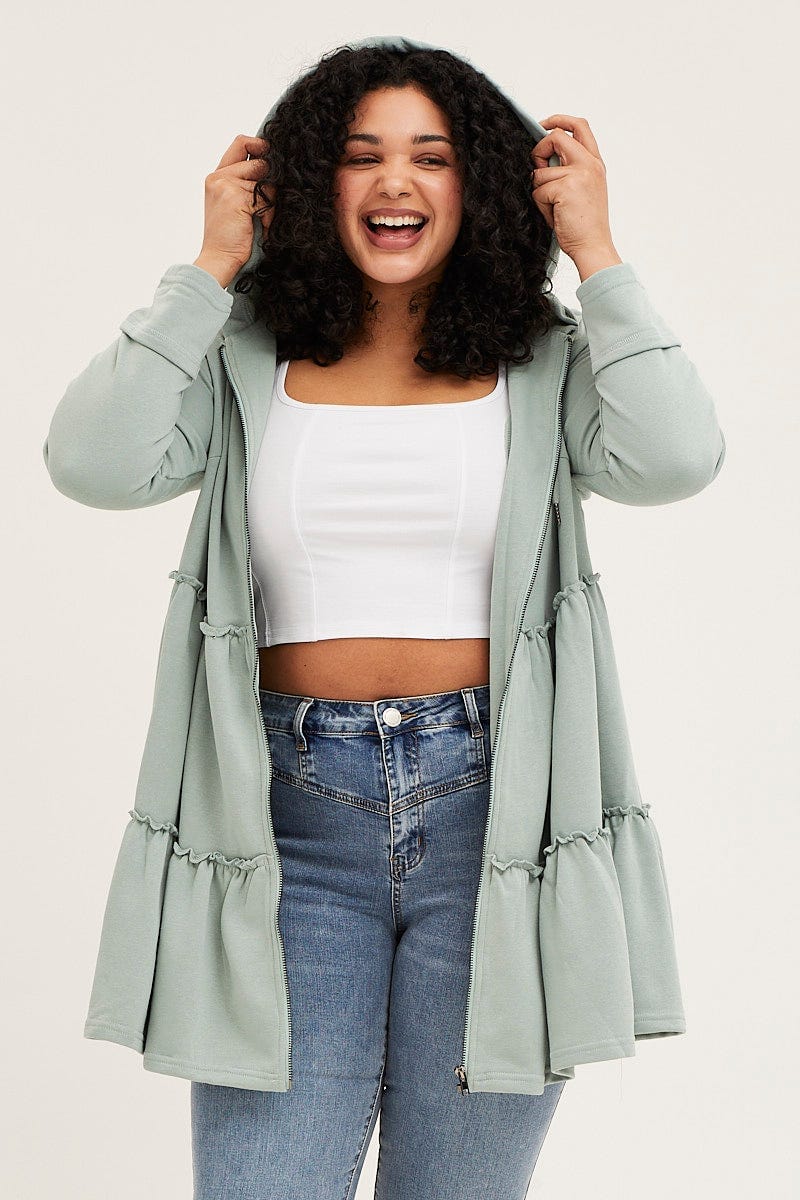 Green Long Sleeve Tiered Hoodie Longline Cardigan For Women By You And All