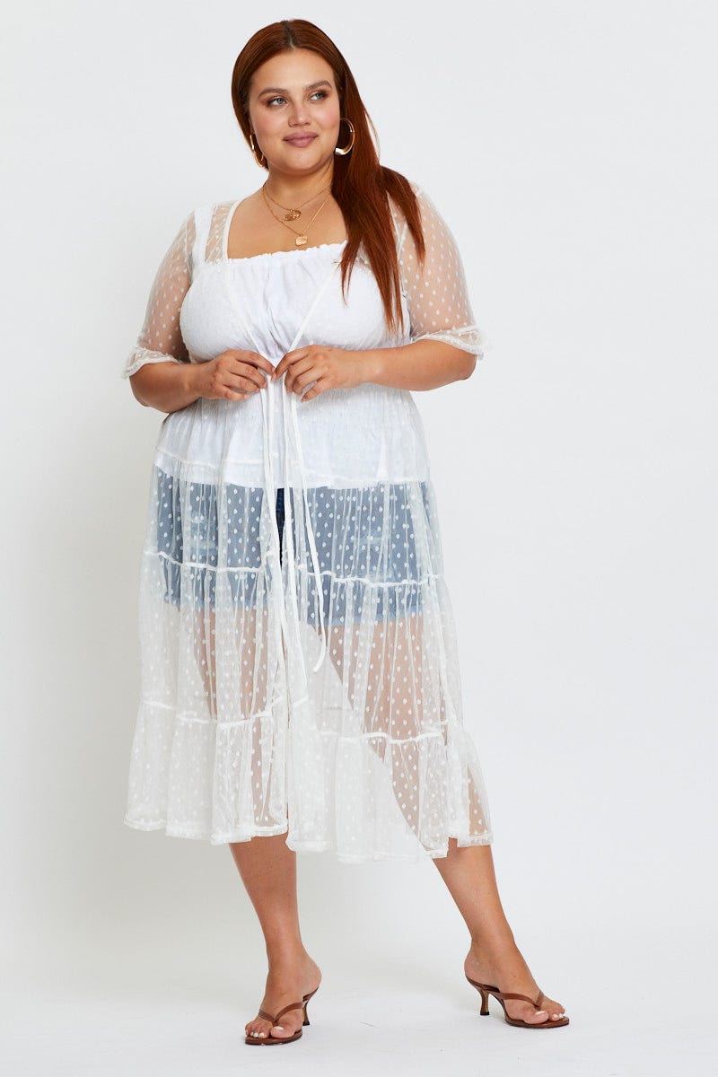 Plus Size White Longline Cardigan Short Sleeve Crochet You All