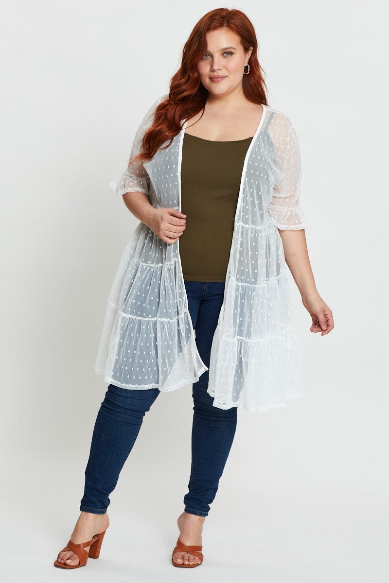 White Longline Cardigan Short Sleeve Mesh For Women By You And All