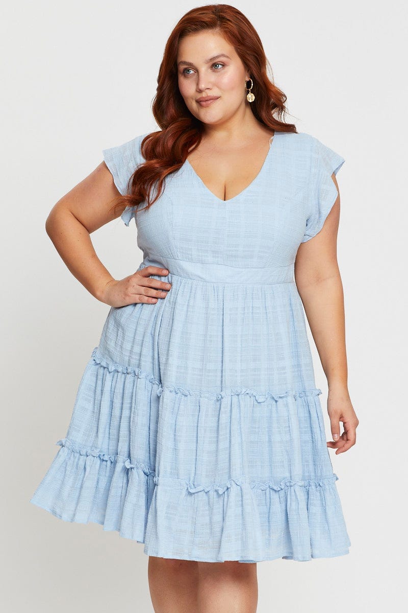Blue Plus Short Sleeve Skater Dress For Women By You And All