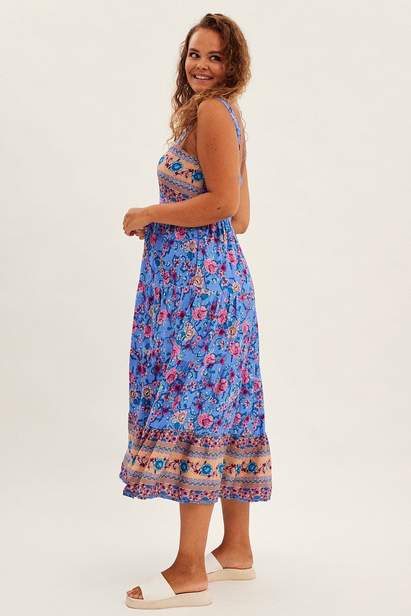 BLUE BOHO Maxi Dress Sleeveless Shirred Back Tiered