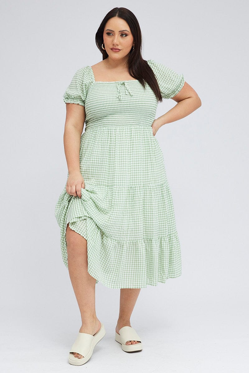 Check Short Sleeve Tiered Midi Dress for YouandAll Fashion