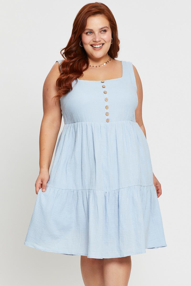 Blue Skater Dress Square Neck Sleeveless Ruffle Hem For Women By You And All