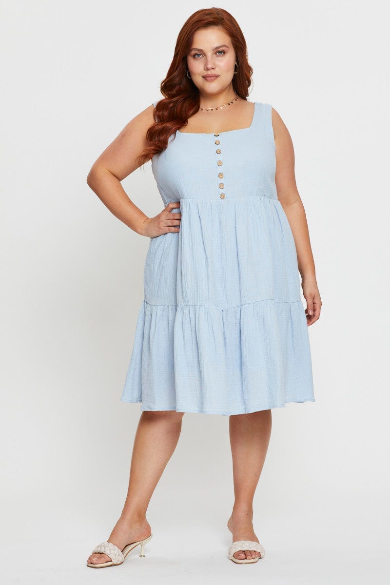 Blue Skater Dress Square Neck Sleeveless Ruffle Hem For Women By You And All