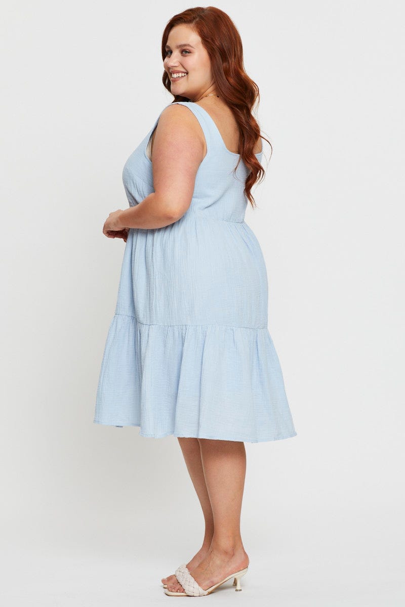 Blue Skater Dress Square Neck Sleeveless Ruffle Hem For Women By You And All