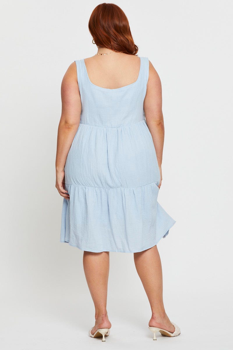 Blue Skater Dress Square Neck Sleeveless Ruffle Hem For Women By You And All