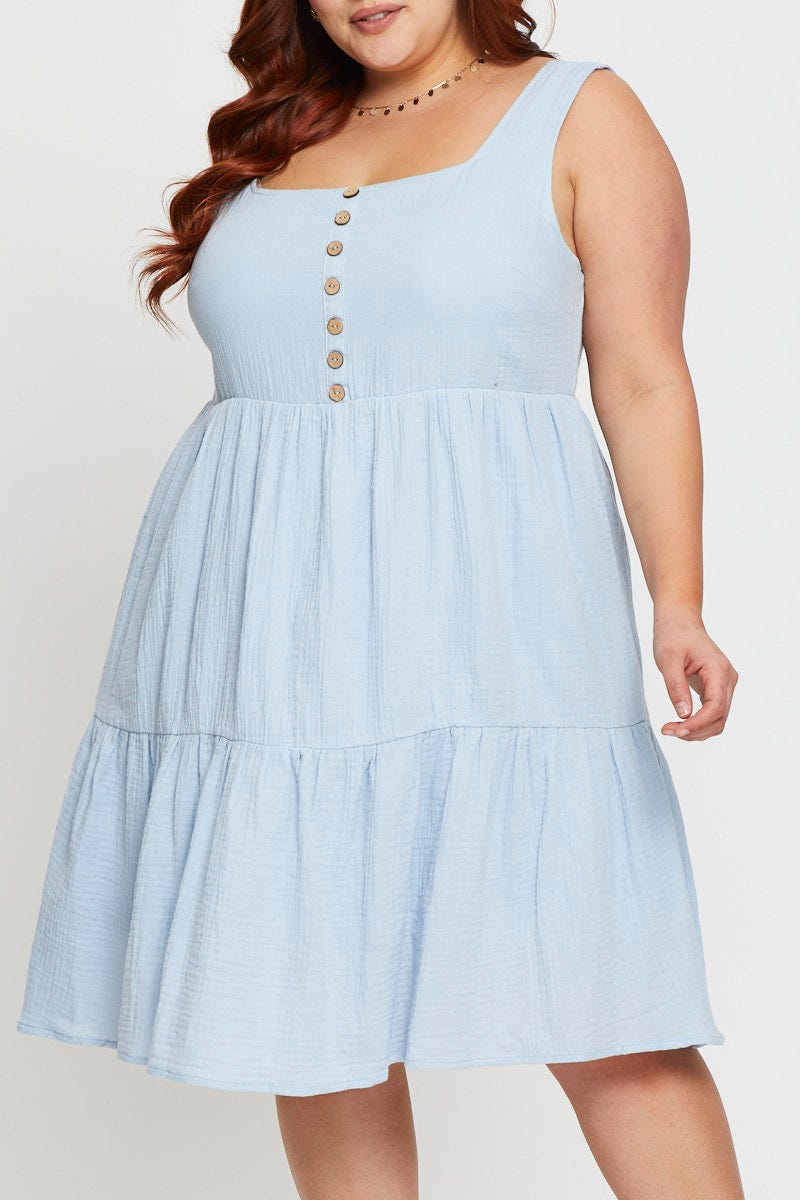 Blue Skater Dress Square Neck Sleeveless Ruffle Hem For Women By You And All