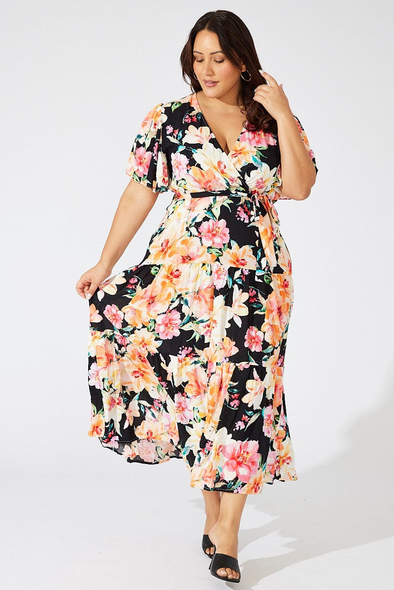 Multi Floral Faux Wrap Maxidress Flare Sleeve V Neck for YouandAll Fashion