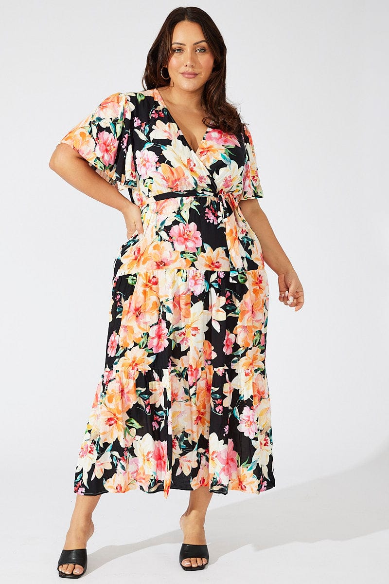 Multi Floral Faux Wrap Maxidress Flare Sleeve V Neck for YouandAll Fashion