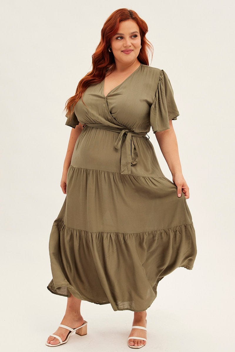 Green Maxi Dress Short Sleeve V-Neck Tiered for YouandAll Fashion