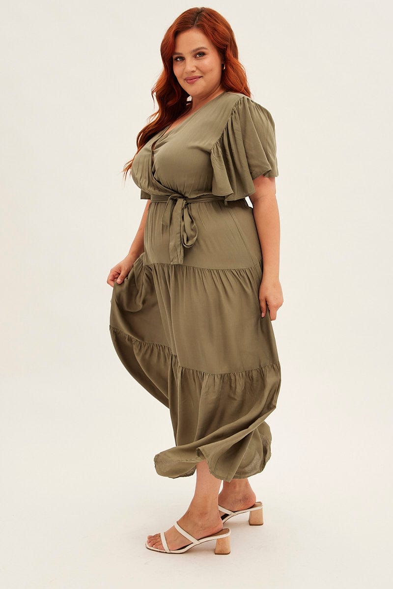 Green Maxi Dress Short Sleeve V-Neck Tiered for YouandAll Fashion