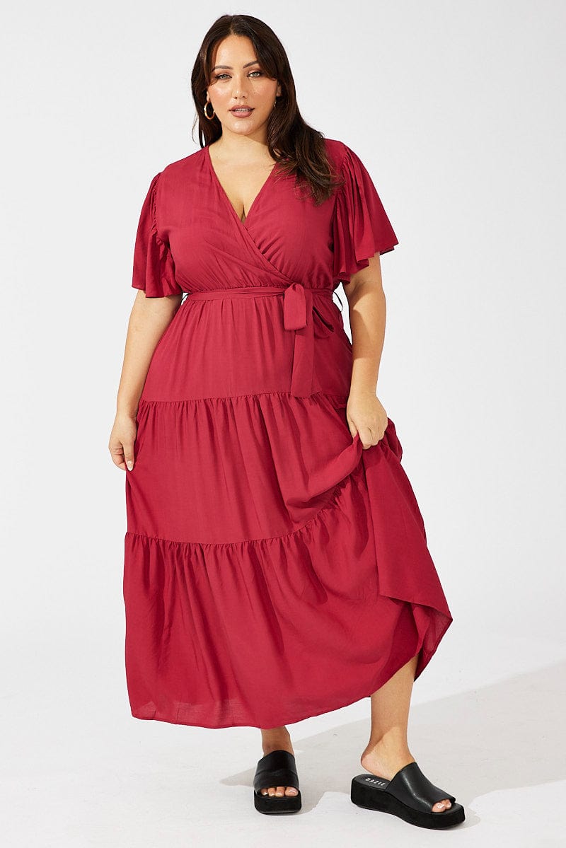 Red Maxi Dress Short Sleeve V-Neck Tiered for YouandAll Fashion