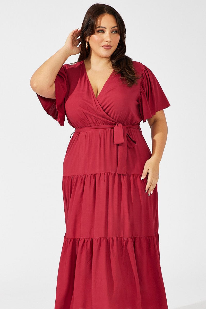 Red Maxi Dress Short Sleeve V-Neck Tiered for YouandAll Fashion