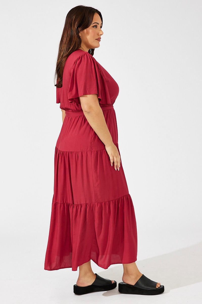 Red Maxi Dress Short Sleeve V-Neck Tiered for YouandAll Fashion