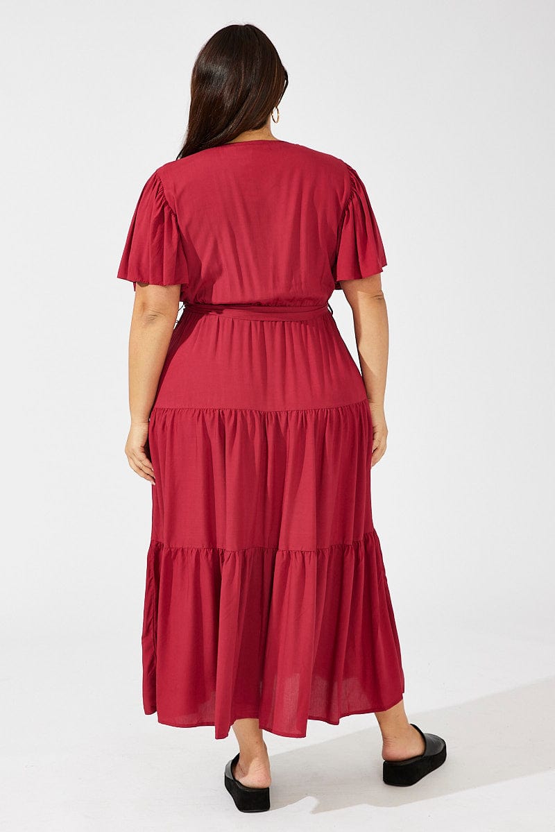 Red Maxi Dress Short Sleeve V-Neck Tiered for YouandAll Fashion