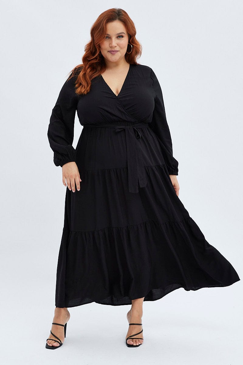 Black Maxi Dress Wrapover Long Sleeve for YouandAll Fashion