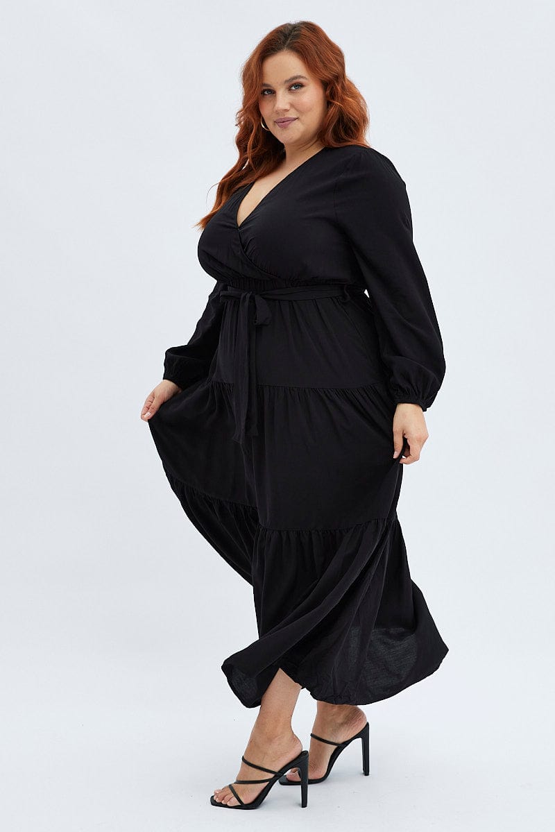 Black Maxi Dress Wrapover Long Sleeve for YouandAll Fashion