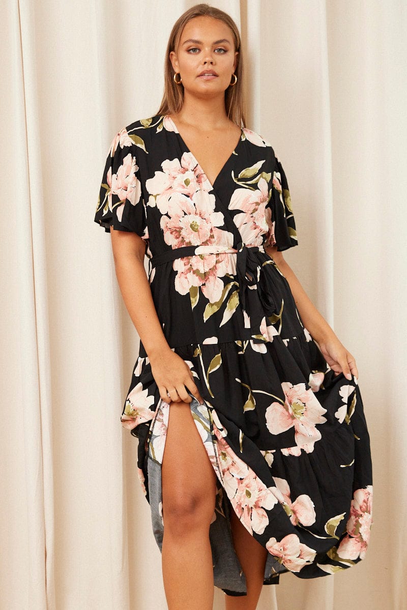 Black Floral Maxi Dress Short Sleeve Wrap Front Tiered for YouandAll Fashion