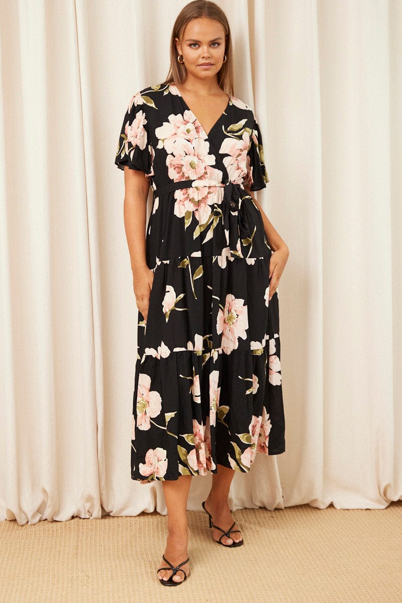 Black Floral Maxi Dress Short Sleeve Wrap Front Tiered