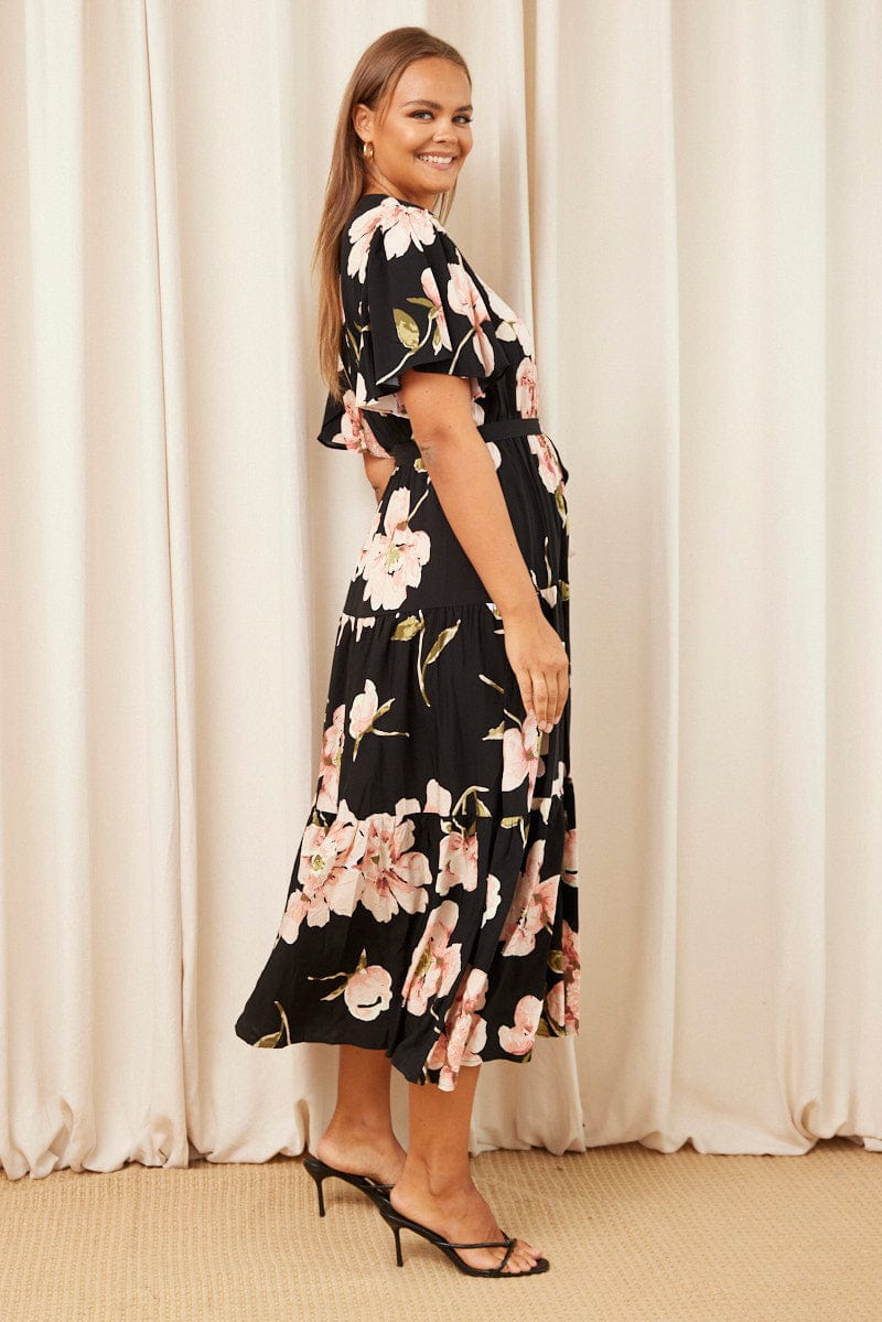 Black Floral Maxi Dress Short Sleeve Wrap Front Tiered for YouandAll Fashion