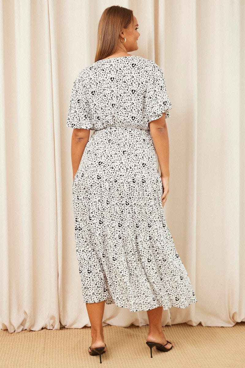 White Animal Print Maxi Dress Short Sleeve Wrap Front Tiered | You & All White Animal Print Maxi Dress Short Sleeve Wrap Front Tiered | You & All