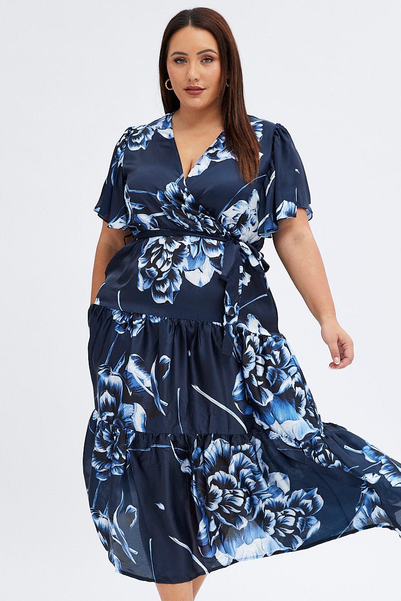 Blue Abstract Midi Dress Cross Front Flare Sleeve Satin for YouandAll Fashion