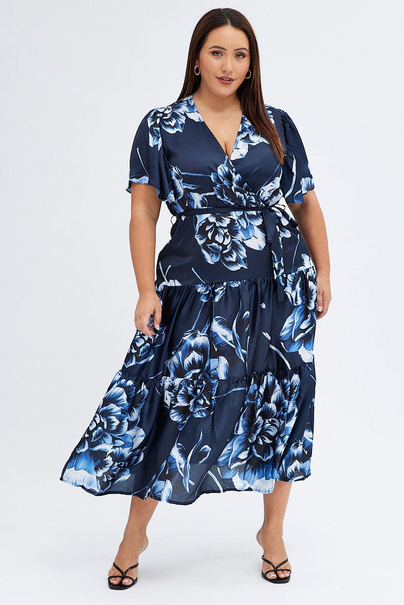 Blue Abstract Midi Dress Cross Front Flare Sleeve Satin for YouandAll Fashion