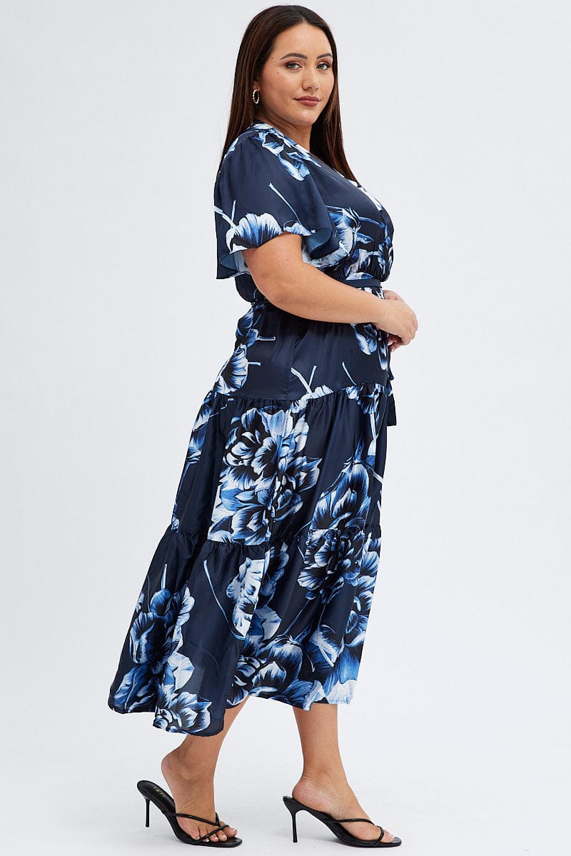 Blue Abstract Midi Dress Cross Front Flare Sleeve Satin for YouandAll Fashion