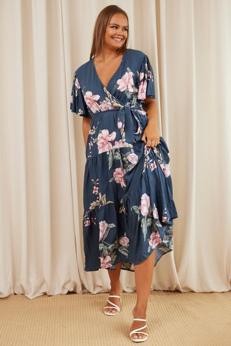 Blue Floral Maxi Dress Short Sleeve Wrap Front Tiered for YouandAll Fashion