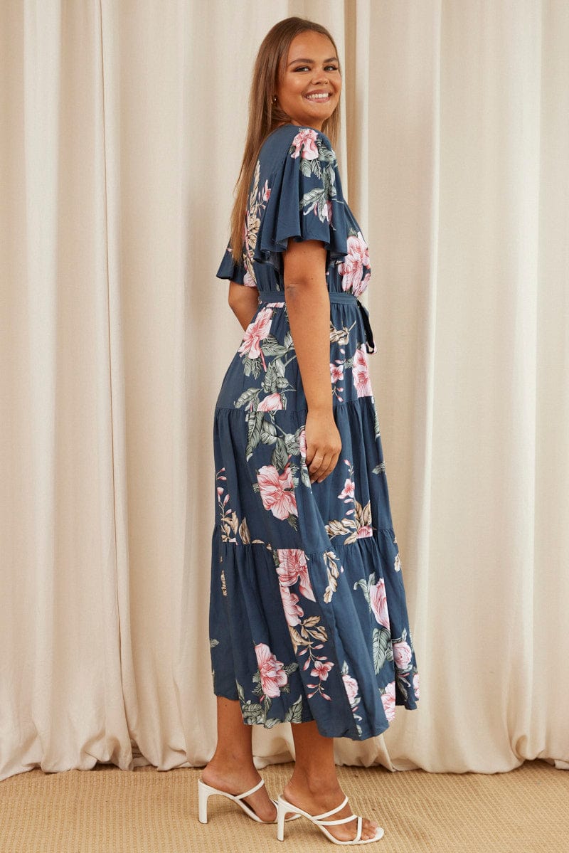 Blue Floral Maxi Dress Short Sleeve Wrap Front Tiered for YouandAll Fashion