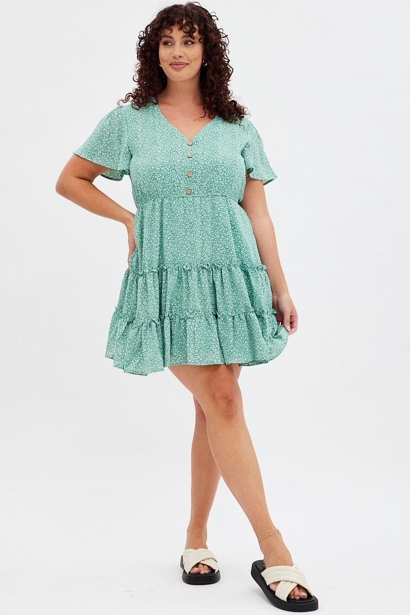 Green Ditsy Fit And Flare Dress Short Sleeve V-Neck Tiered for YouandAll Fashion