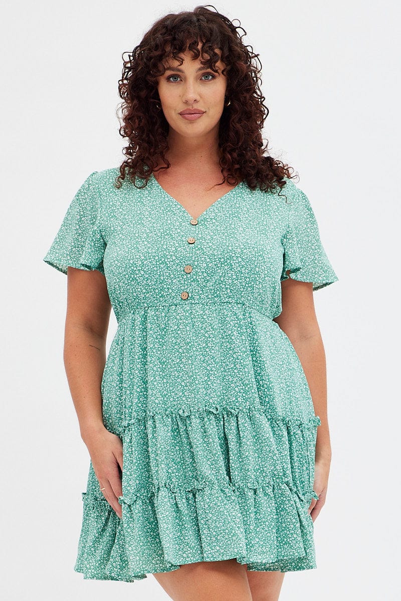 Green Ditsy Fit And Flare Dress Short Sleeve V-Neck Tiered for YouandAll Fashion