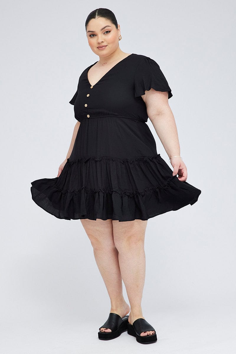 Black Fit And Flare Dress Short Sleeve V-neck | You & All Black Fit And Flare Dress Short Sleeve V-neck | You & All