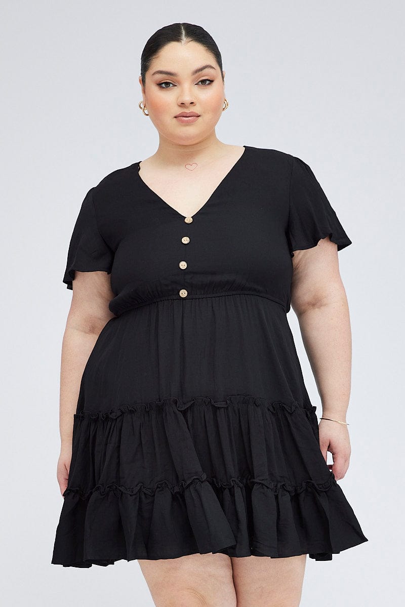 Black Fit And Flare Dress Short Sleeve V-neck