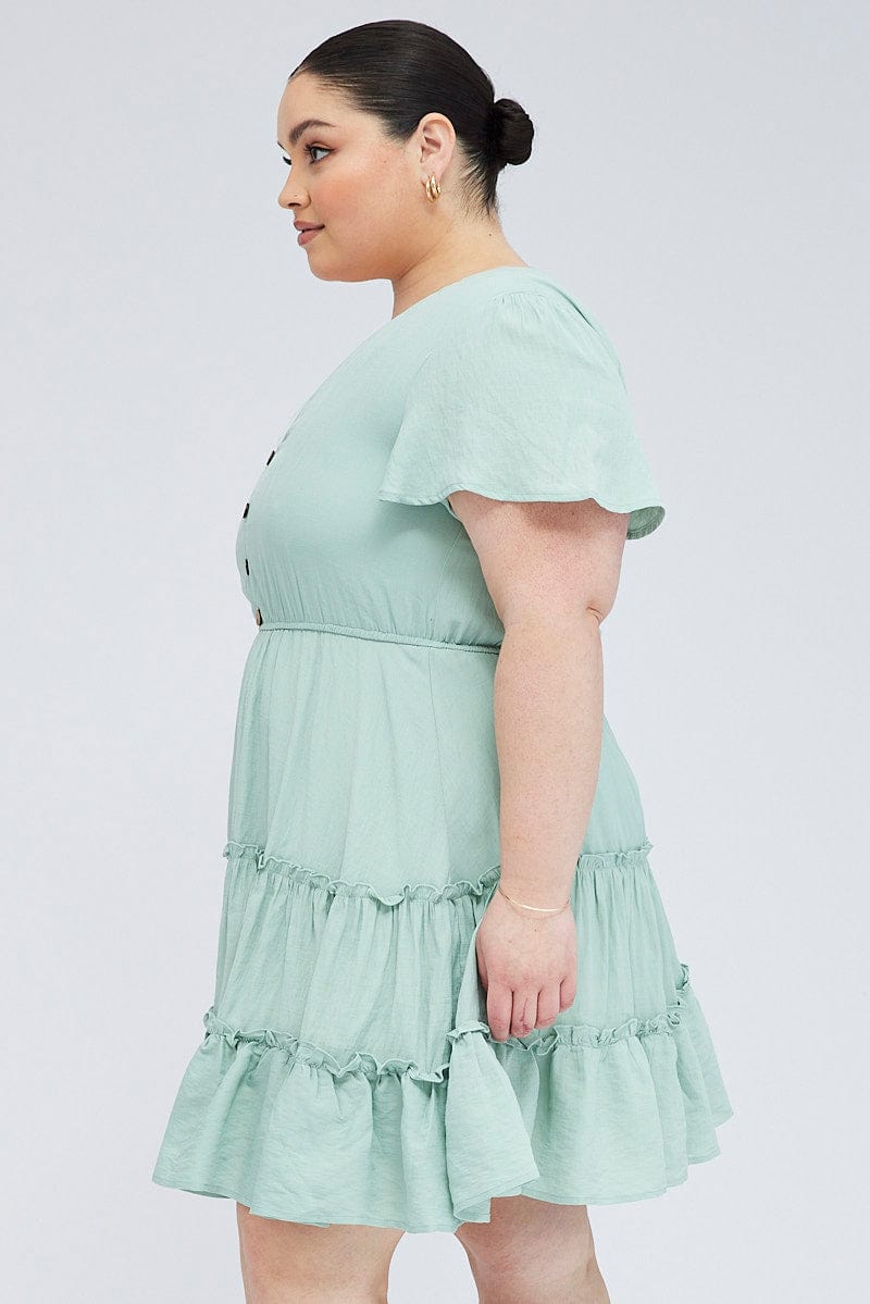 Green Fit and Flare Dress Short Sleeve V-Neck for YouandAll Fashion