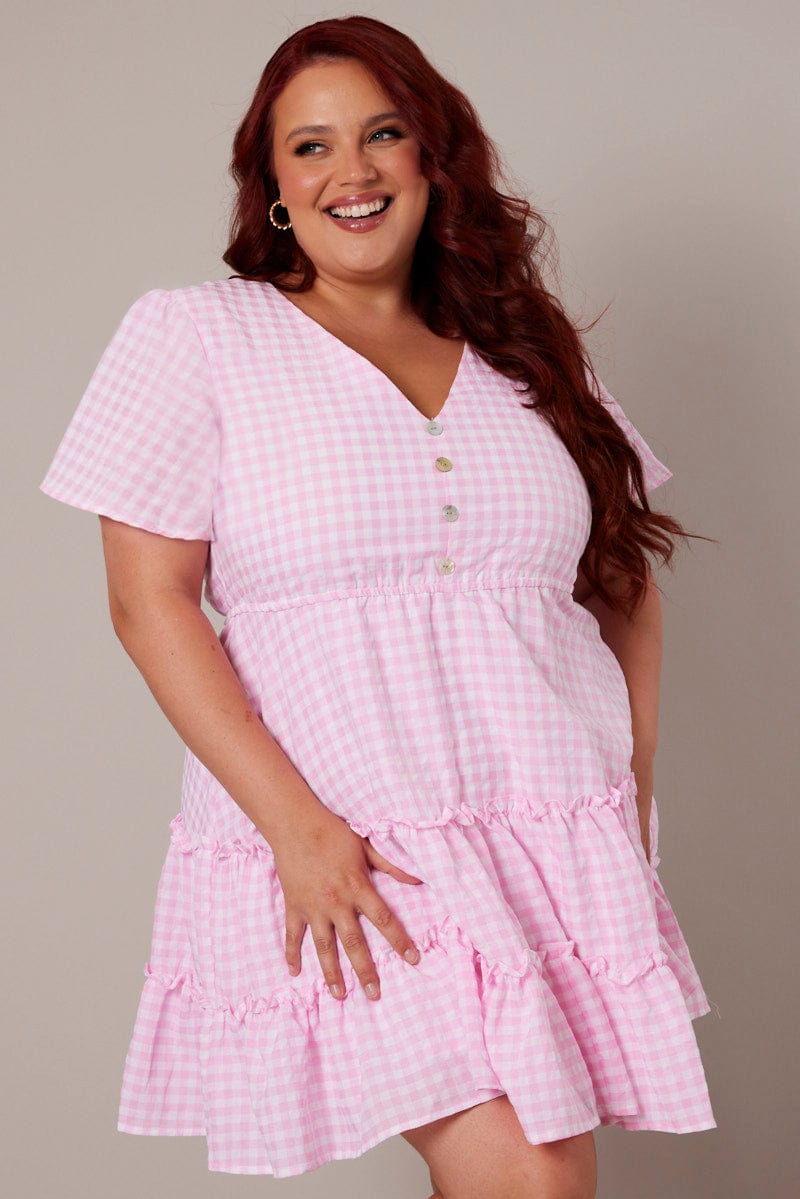 Pink Check Fit and Flare Dress Short Sleeve Tiered for YouandAll Fashion