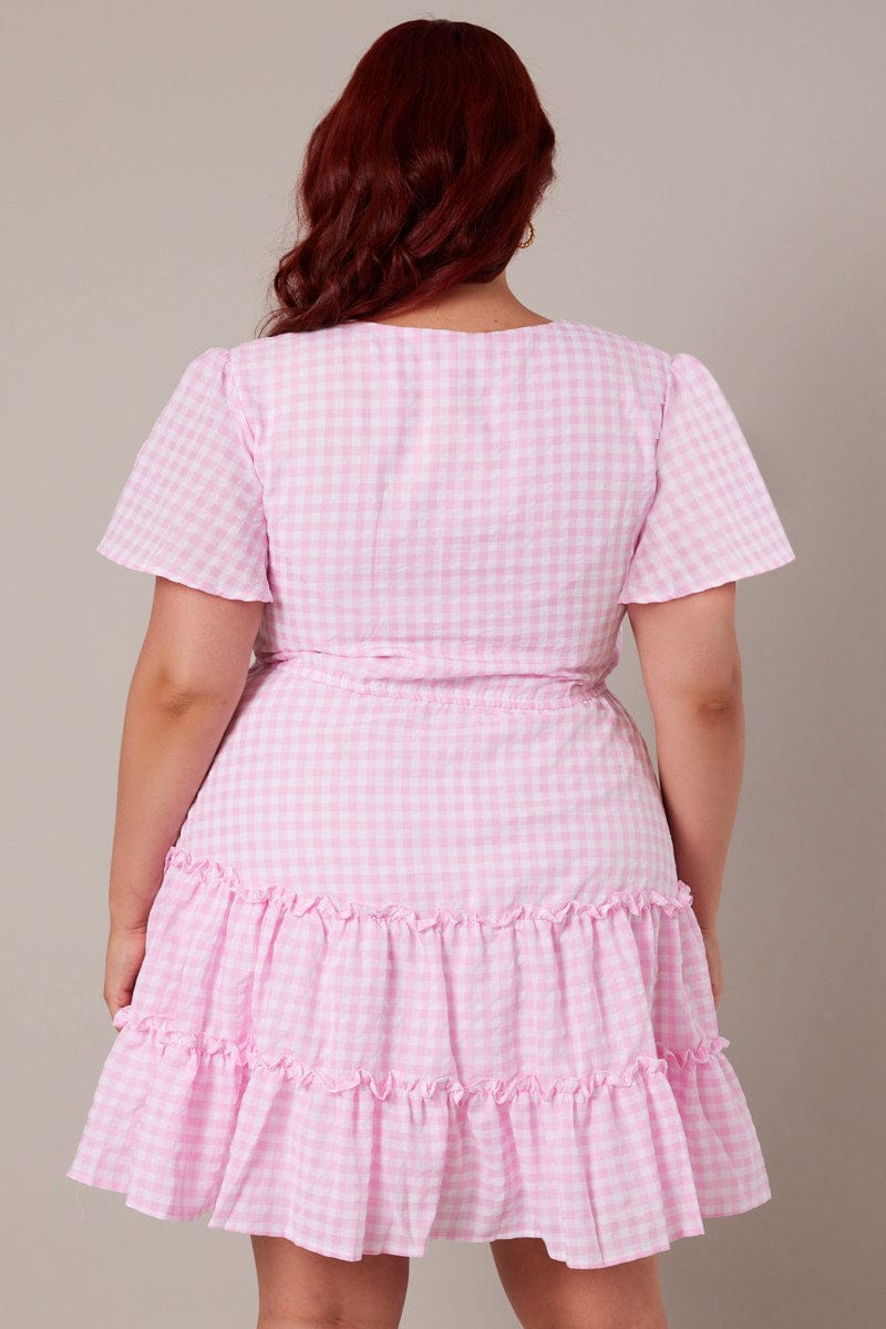 Pink Check Fit and Flare Dress Short Sleeve Tiered for YouandAll Fashion